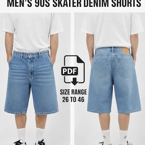 May include: PDF sewing pattern for 90s skater denim shorts. The image shows front and back views of light blue denim shorts. The shorts have a relaxed fit and a wide leg. The size range is 26 to 46.