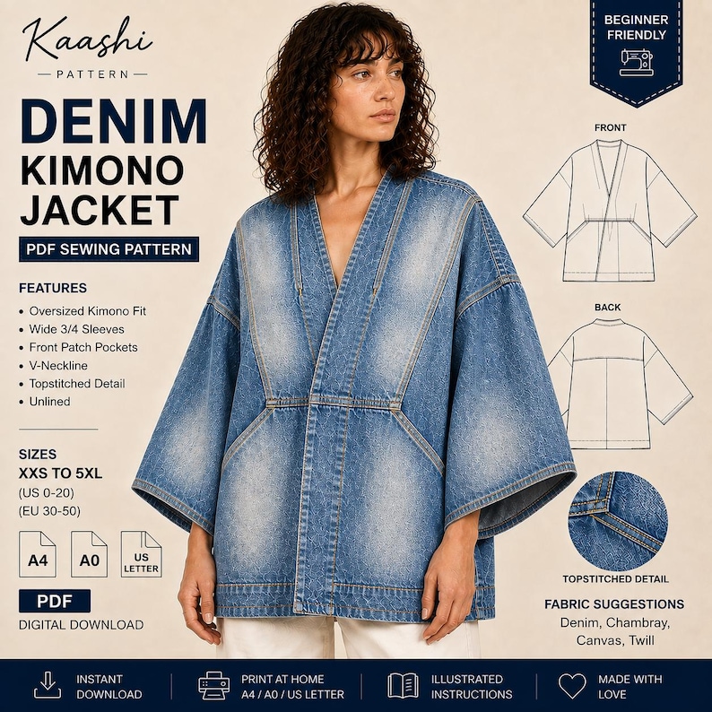 May include: A blue denim kimono jacket sewing pattern featuring an oversized fit, wide 3/4 sleeves, front patch pockets, and a V-neckline. The digital download includes topstitched details, sizing from XXS to 5XL, and instructions for A4, A0, and US letter formats.