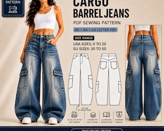 Women's Cargo Barrel Jeans PDF Sewing Pattern | Wide Leg Denim Pants (Sizes 0-20)