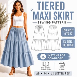 May include: A woman wearing a light blue tiered maxi skirt. The image includes a sewing pattern diagram and text that reads "TIERED MAXI SKIRT - SEWING PATTERN." The pattern is available in USA sizes 0 to 20 and EU sizes 30 to 50.