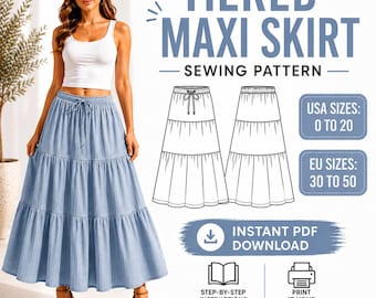 Tiered Maxi Skirt Sewing Pattern, Boho Elastic Waist PDF, Beginner Friendly (A4 US Letter)