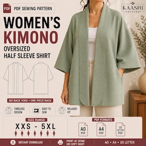 Women's Kimono Shirt Sewing Pattern | Oversized Half Sleeve Top (PDF Download)