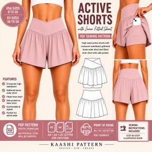 May include: A PDF sewing pattern for active shorts featuring a high crossover waistband, gathered loose outer shorts, and a fitted inner short with a side pocket. Includes instructions for USA sizes 0 to 20 and EU sizes 30 to 50 in A0, A4, and US letter formats.
