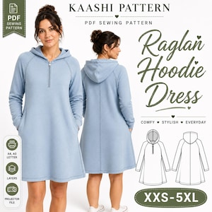 Raglan Hoodie Dress Sewing Pattern PDF, Hooded Sweatshirt Dress, Women's Knit Dress Pattern, XXS-5XL, A4 A0 Letter Projector