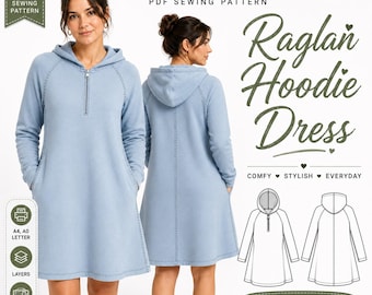 Raglan Hoodie Dress Sewing Pattern, Relaxed Fit Knit Dress (XXS-5XL)