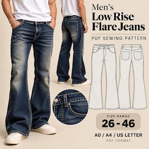 May include: Low Rise Flare Jeans PDF sewing pattern featuring dark blue denim with fading. Includes text: Low Rise Flare Jeans, PDF SEWING PATTERN, SIZE RANGE 26-46, A0 / A4 / US LETTER, PDF FORMAT. Shows front and back views of jeans.