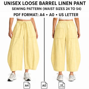 Könnte beinhalten: Hellgelbe Unisex-Leinenhose mit weitem Bein, Kordelzug in der Taille und zwei Vordertaschen. Das Schnittmuster umfasst die Taillengrößen 24 bis 54 und ist im PDF-Format erhältlich: A4, A0 und US Letter.