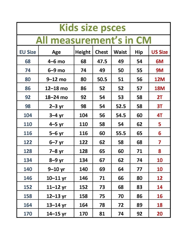 May include: A chart titled "Kids size psces" with measurements in centimeters. It includes EU sizes, ages, heights, chest, waist, hip measurements, and corresponding US sizes for children's clothing, from 6 months to 15 years old.