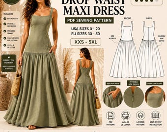 Drop Waist Maxi Dress Sewing Pattern, Summer Linen Style (PDF Download)