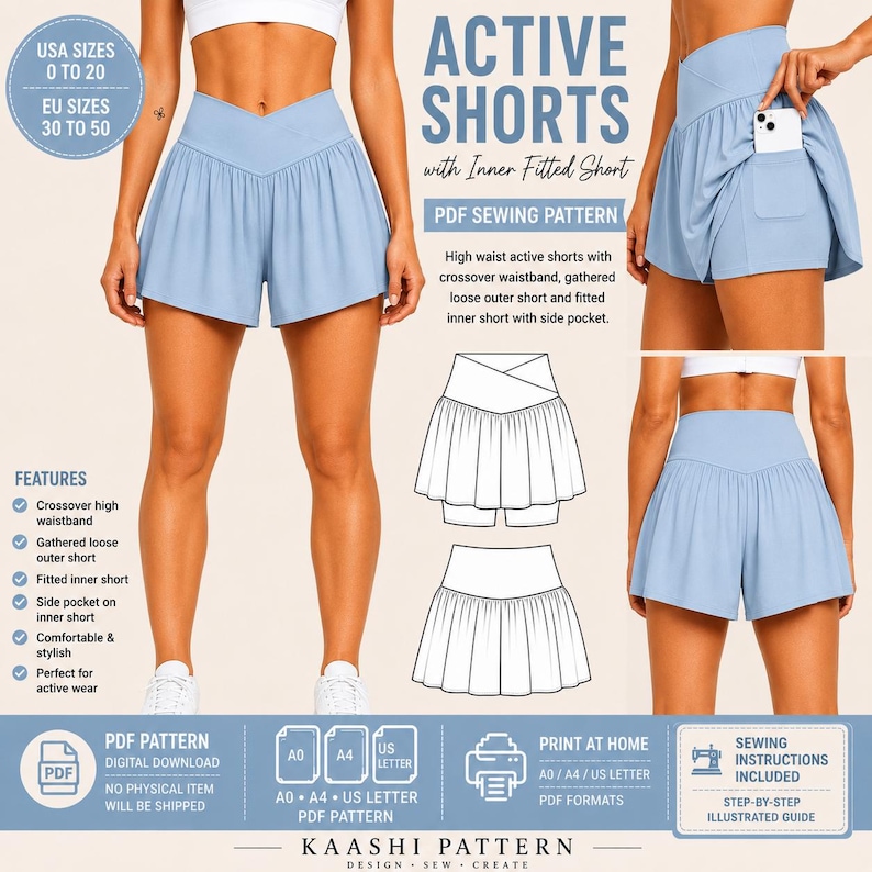 Active Shorts PDF Sewing Pattern | Crossover Waist, Inner Pocket Short (Digital Download) image 7