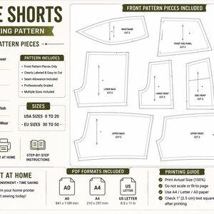May include: A PDF sewing pattern for active shorts featuring front pattern pieces, a high waist crossover waistband, gathered loose outer short, and fitted inner short. Includes USA sizes 0 to 20, printing guide, test square, and A0, A4, and US letter formats.
