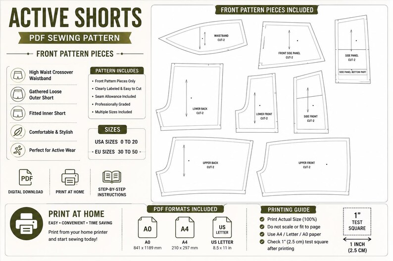 May include: A PDF sewing pattern for active shorts featuring front pattern pieces, a high waist crossover waistband, gathered loose outer short, and fitted inner short. Includes USA sizes 0 to 20, printing guide, test square, and A0, A4, and US letter formats.