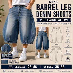 Può includere: Un cartamodello di cucito in PDF per pantaloncini in denim a gamba a botte con lavaggio vintage medio, forma estrema, gambe larghe e lunghezza al ginocchio. Include disegni tecnici del fronte e del retro e le taglie europee 36-56.