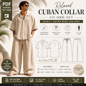 May include: A beige Cuban collar co-ord set, including a shirt and extra wide leg pants, is displayed. The image includes a model wearing the outfit, along with illustrations and text indicating it's a PDF sewing pattern. The text highlights features like lightweight, breathable fabric and relaxed fit.