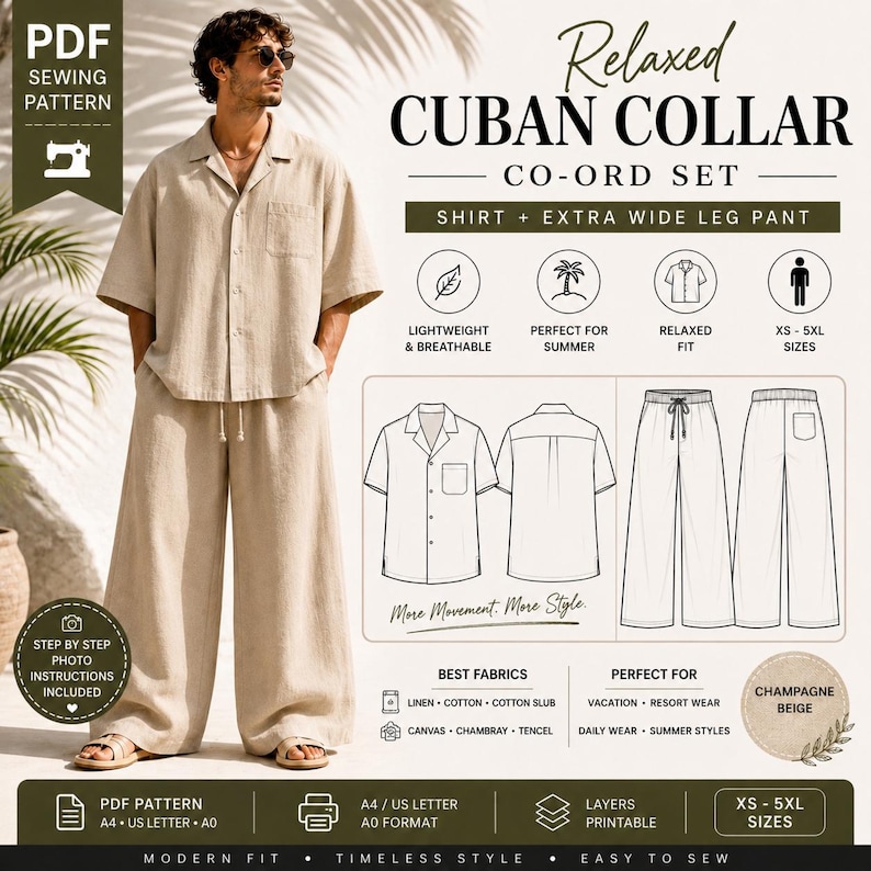 May include: A beige Cuban collar co-ord set, including a shirt and extra wide leg pants, is displayed. The image includes a model wearing the outfit, along with illustrations and text indicating it's a PDF sewing pattern. The text highlights features like lightweight, breathable fabric and relaxed fit.