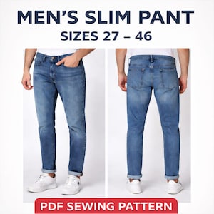 Może przedstawiać: Niebieskie dżinsy slim fit, widok z przodu i z tyłu, w rozmiarach 27-46. Dżinsy mają klasyczny pięciokieszeniowy design i są noszone z białymi trampkami. Wyświetlany jest tekst "MEN'S SLIM PANT" i "PDF SEWING PATTERN".