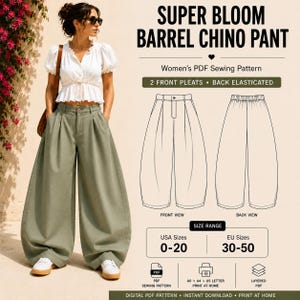 Puede incluir: Un patrón de costura PDF digital para el pantalón Super Bloom Barrel Chino. La imagen muestra una blusa blanca y un pantalón ancho de color verde salvia con pliegues delanteros y cintura elástica trasera. Incluye dibujos técnicos y tallas 30-50.