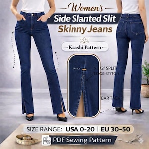 PDF-sömnadsmönster för skinny jeans för kvinnor – Hög midja, snedställd slitsdesign (digital nedladdning)