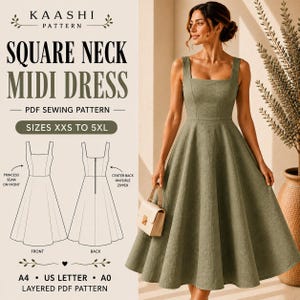 Könnte beinhalten: Ein salbeigrünes Midikleid mit quadratischem Ausschnitt und breiten Trägern. Das Bild enthält den Text: KAASHI PATTERN, SQUARE NECK MIDI DRESS, PDF SEWING PATTERN, SIZES XXS TO 5XL, A4, US LETTER, A0, LAYERED PDF PATTERN, PRINCESS SEAM ON FRONT, CENTER BACK INVISIBLE ZIPPER.