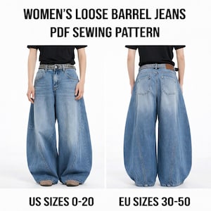 Puede incluir: Dos vistas de vaqueros holgados de estilo barril en denim azul claro. Los vaqueros tienen una pernera ancha y redondeada. El texto superior dice "WOMEN'S LOOSE BARREL JEANS PDF SEWING PATTERN". El texto inferior indica tallas US 0-20 y EU 30-50.