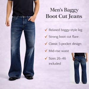 Puede incluir: Vaqueros bootcut azul oscuro con pernera holgada relajada, diseño clásico de 5 bolsillos y cintura de talle medio. Los vaqueros tienen un fuerte corte de bota y están disponibles en tallas 26-46. También incluye el texto "Men's Baggy Boot Cut Jeans".