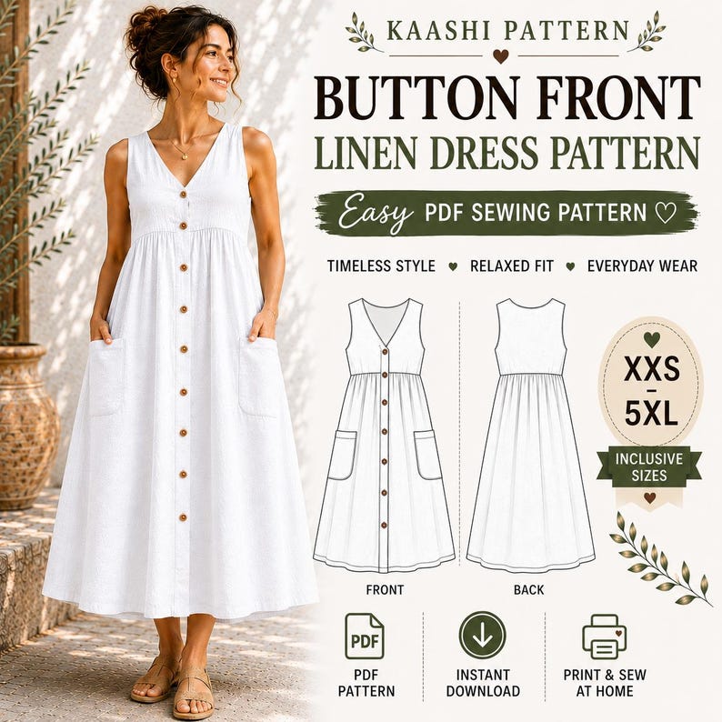Puede incluir: Un vestido blanco de lino sin mangas con botones en la parte delantera, cuello en V y dos bolsillos laterales. La imagen incluye el texto Kaashi Pattern Button Front Linen Dress Pattern, Easy PDF Sewing Pattern y tallas de XXS a 5XL.