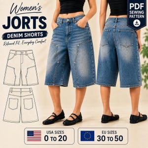 May include: A PDF sewing pattern for denim shorts, labelled JORTS, featuring a relaxed fit. The image displays front and back views of blue denim shorts with visible stitching, pockets, and a button closure, alongside technical line drawings.