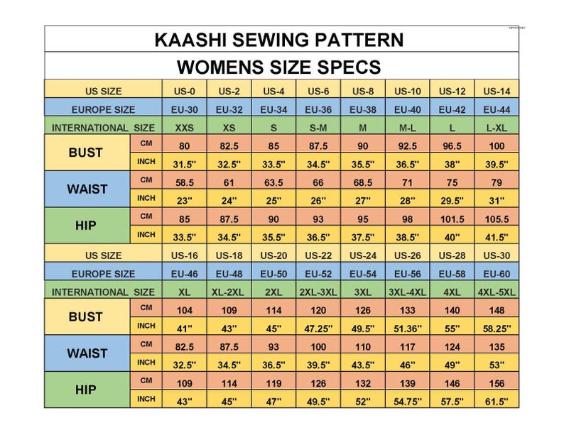 May include: A Kaashi sewing pattern size chart featuring a grid with US, Europe, and international sizes. The table lists bust, waist, and hip measurements in both centimeters and inches for sizes ranging from US-0 to US-30, organized by rows.