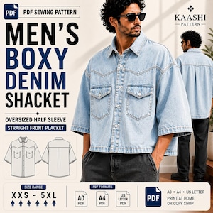May include: A PDF sewing pattern for a boxy denim shacket with oversized half sleeves and a straight front placket. The design features two chest pockets, a collar, and button closures. Includes size range XXS to 5XL and A0, A4, US letter formats.