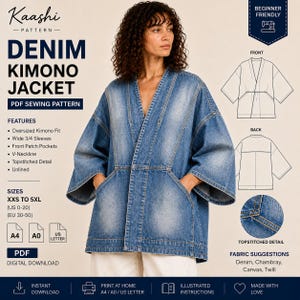 May include: A digital PDF sewing pattern for a denim kimono jacket by Kaashi Pattern. The design features an oversized fit, wide 3/4 sleeves, front patch pockets, a V-neckline, and topstitched details. Includes sizing from XXS to 5XL, US 0-20.