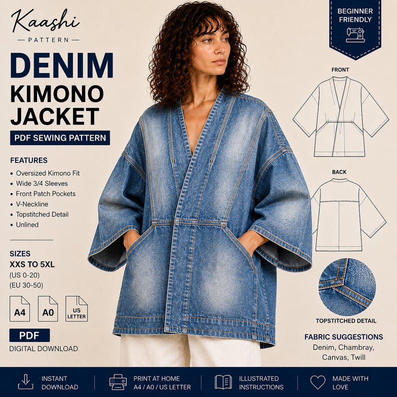May include: A digital PDF sewing pattern for a denim kimono jacket by Kaashi Pattern. The design features an oversized fit, wide 3/4 sleeves, front patch pockets, a V-neckline, and topstitched details. Includes sizing from XXS to 5XL, US 0-20.