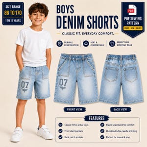 May include: A PDF sewing pattern for denim shorts with a size range of 86 to 170. The design includes an elastic waistband, front slant pockets, and back patch pockets. The light blue denim shorts display the number 07 and a bird graphic.
