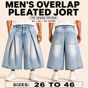 Op de afbeelding: Een PDF-naaipatroon voor een wijde spijkerbroek met plooien, lichte wassing en twee achterzakken. De tekst luidt: MEN'S OVERLAP PLEATED JORT, PDF SEWING PATTERN, A0, A4, US LETTER, SIZES: 26 TO 46.