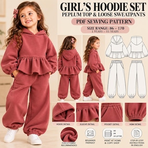 May include: A PDF sewing pattern for a hoodie set featuring a peplum top and loose sweatpants in sizes 86-170. The set includes a hooded top with long sleeves and a ruffled hem, plus matching sweatpants with pockets and elastic cuffs.