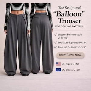 May include: Two pairs of gray "Balloon" trousers are displayed, showcasing an elegant balloon-style wide leg and a structured, pleated waist. The image includes the text "The Sculptural 'Balloon' Trouser PDF Sewing Pattern" and size information.