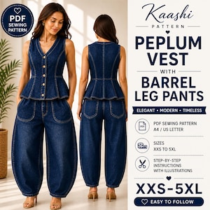 Op de afbeelding: Een naaipatroon voor een denim peplum vest en een broek met ballonbenen. Het vest heeft een V-hals en een knoopsluiting. De broek heeft een unieke, afgeronde vorm. Maten XXS tot 5XL.