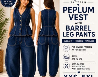 Peplum Vest & Barrel Pant Sewing Pattern: Women's Suit (PDF Download, XXS-5XL)