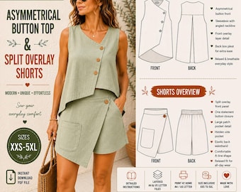 Asymmetrical Top & Shorts Sewing Pattern PDF | Women's Summer Co-Ord Set | Two Piece Outfit | XXS-5XL | A4 A0 US Letter