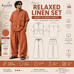 Op de afbeelding: Een digitaal PDF-naaipatroon voor een relaxte linnen set, inclusief een shirt met korte mouwen en twee voorzakken en een wijde broek met een trekkoord in de taille. De terracotta set wordt getoond in technische tekeningen en op een model.