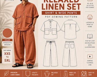 Men's Relaxed Linen Set PDF Sewing Pattern | Oversized Shirt, Wide Pants (Digital Download)