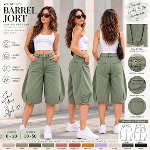 May include: A sewing pattern for olive green barrel jorts featuring a high-waisted fit, front and back pockets, a button closure, and pleated hem details. The document includes text such as Barrel Jort Sewing Pattern, PDF Pattern, and technical drawings.