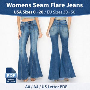 May include: Blue denim seam flare jeans with a high waist and flared leg design. The image shows the front and back of the jeans. Text on the image reads "Womens Seam Flare Jeans" and "USA Sizes 0~20 / EU Sizes 30~50". A PDF sewing pattern is also shown.