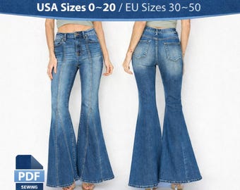 High Waist Front Seam Flare Jeans Sewing Pattern (PDF) | Bell Bottoms Sizes USA-0-20-EU 30-50