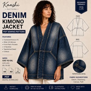 Könnte beinhalten: Ein digitales PDF-Schnittmuster für eine Denim-Kimono-Jacke. Das Muster bietet eine Oversize-Passform, weite 3/4-Ärmel, aufgesetzte Vordertaschen, einen V-Ausschnitt und Steppnähte. Größen von XXS bis 5XL, US 0-20 und EU 30-50.