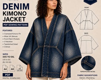 Denim Kimono Jacket Sewing Pattern, Oversized Wide Sleeve PDF (A4 A0 US Letter)