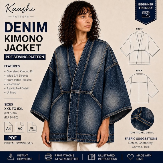 Denim Kimono Jacket Sewing Pattern, Oversized Wide Sleeve PDF (A4 A0 US Letter)