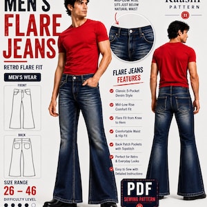 May include: A PDF sewing pattern for flare jeans featuring a mid-low rise, classic 5-pocket denim style, and a flare fit from the knee to the hem. The pattern includes detailed instructions for sizes 26 to 46, showcasing a dark wash denim.