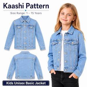 May include: Light blue denim jacket for kids. The jacket has a classic design with button closures, chest pockets, and a collar. The image also shows the back of the jacket. The text on the image says "Kaashi Pattern" and "Kids Unisex Basic Jacket".