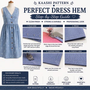 Puede incluir: Una gu&iacute;a instructiva de Kaashi Pattern para el dobladillo de un vestido, con un vestido azul sin mangas con patr&oacute;n de cruces blancas y botones. La infograf&iacute;a muestra seis pasos numerados con fotos que ilustran t&eacute;cnicas de costura, plegado y planchado.