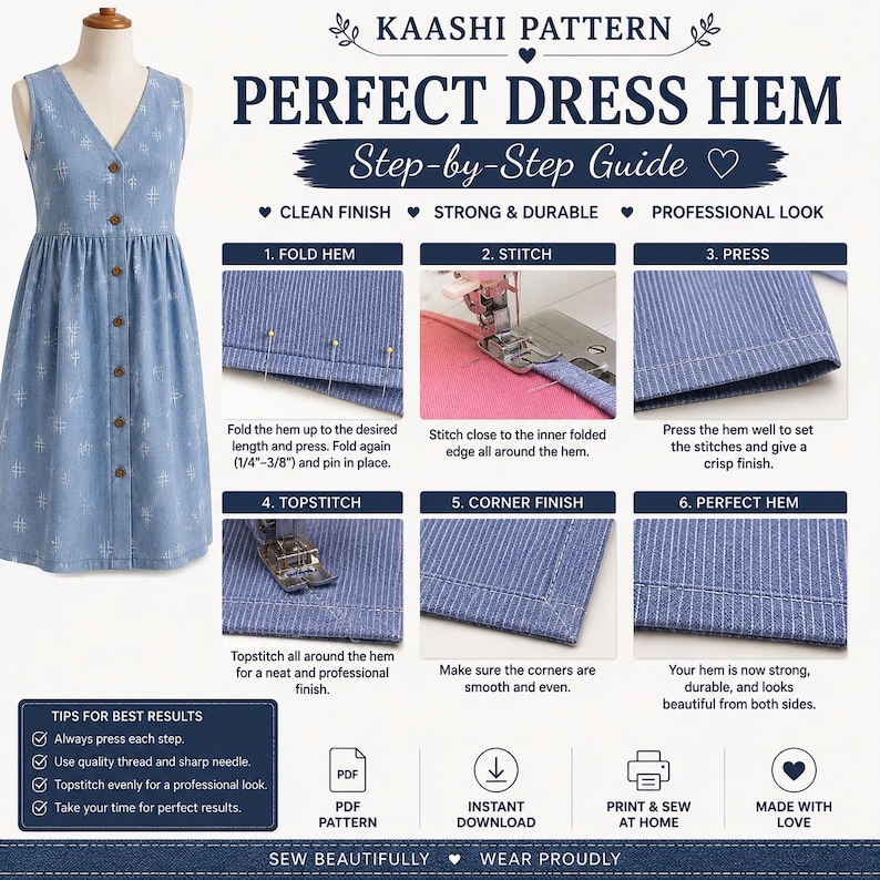 Puede incluir: Una gu&iacute;a instructiva de Kaashi Pattern para el dobladillo de un vestido, con un vestido azul sin mangas con patr&oacute;n de cruces blancas y botones. La infograf&iacute;a muestra seis pasos numerados con fotos que ilustran t&eacute;cnicas de costura, plegado y planchado.